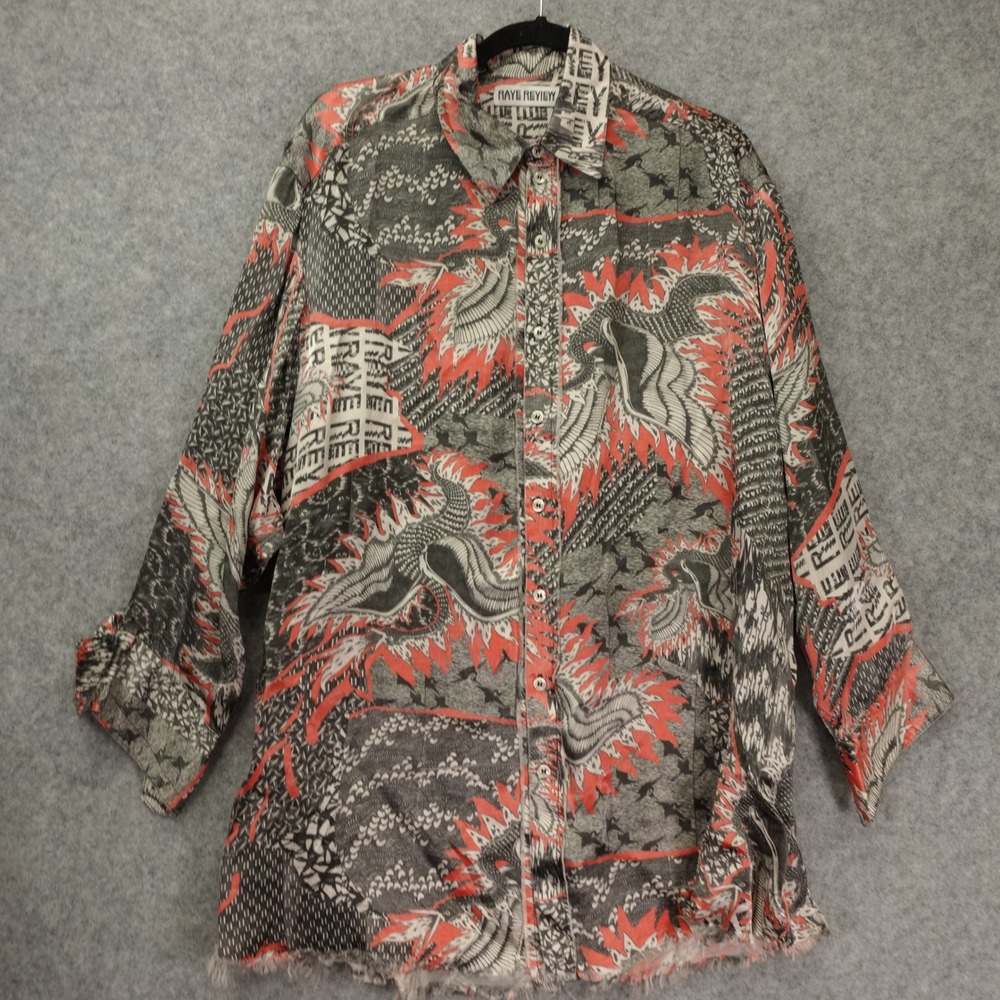 RAVE REVIEW Oversized Graphic Shirt Womens XL Dragon Raw Hem Lagenlook Luxury